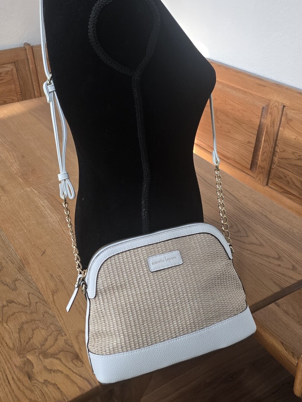 Nanette Lepore Woven Straw & White Crossbody Purse with Gold Chain Accents